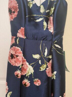 Navy Pink Floral Satin Sweetheart Maxi fall wedding guest prom homecoming dress